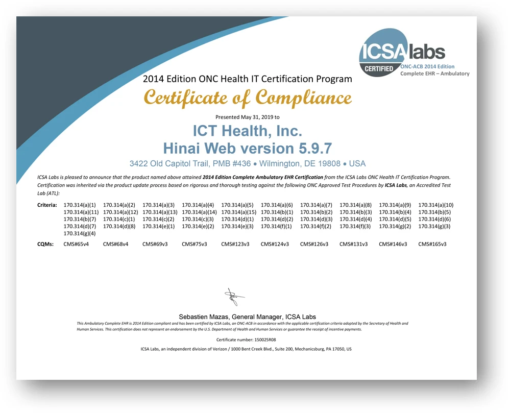 Official ICSA Labs Certificate of Compliance for ICT Health Hinai Web