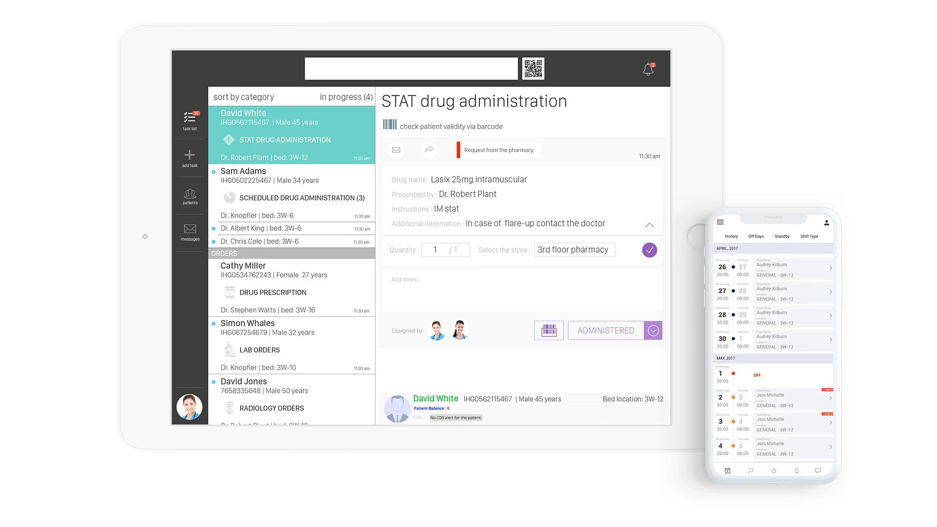 Authentic HINAI nurse cockpit and STAT drug administration on tablet and mobile